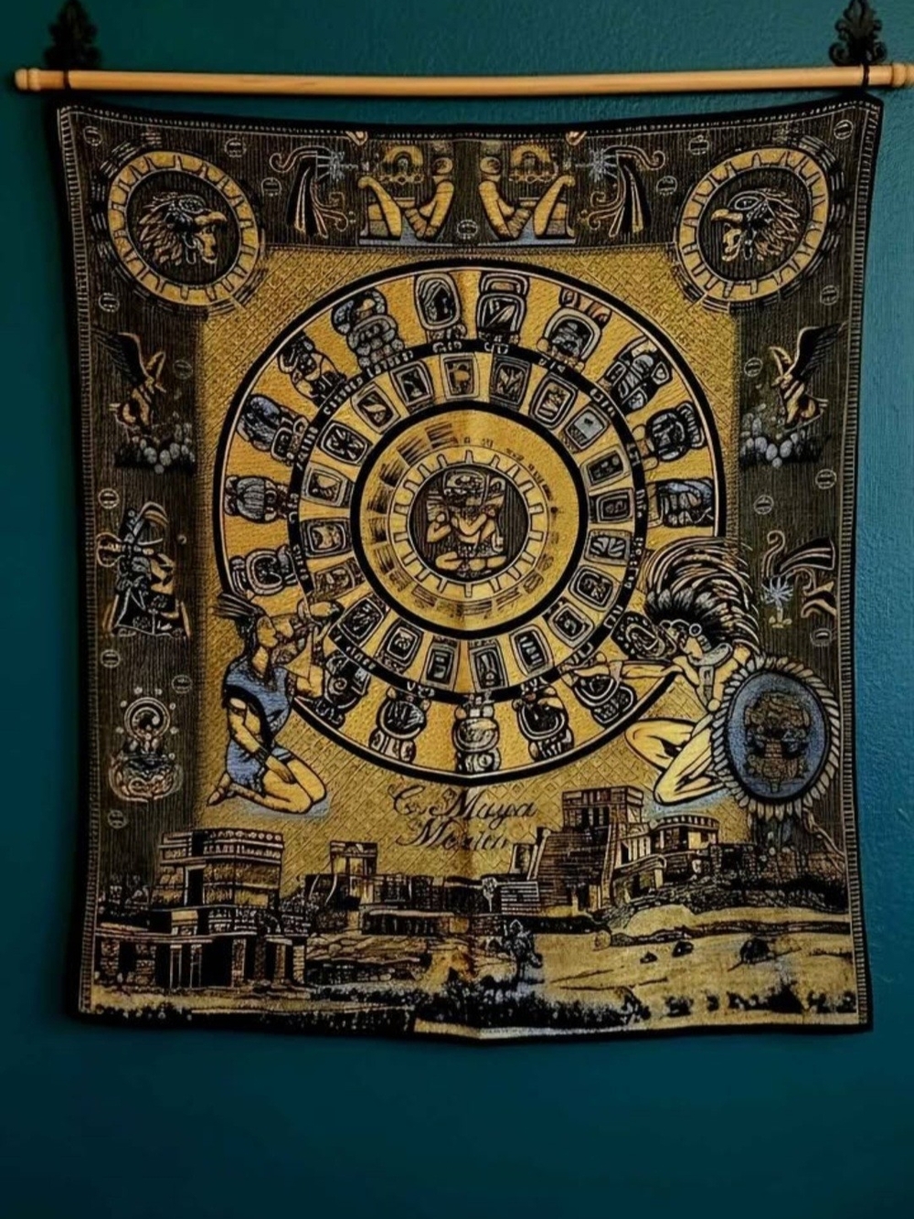 Vintage woven textile, Mayan Calendar blanket, is a popular piece of Mexican
